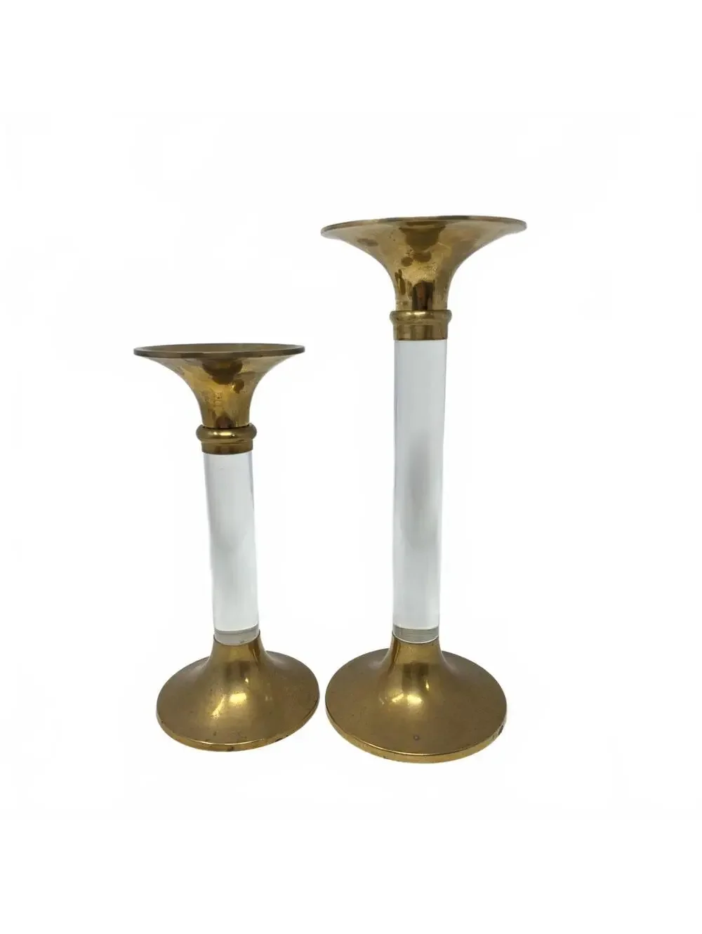 Vintage Silvestri Brass Acrylic Candlesticks Pair Hollywood Regency